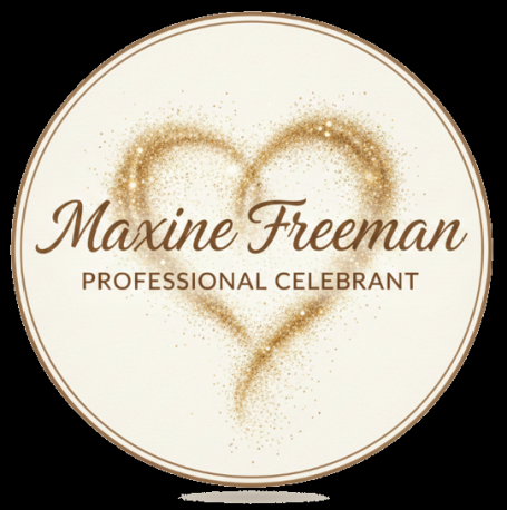 Circular logo with with Maxine Freeman written across the top and Professional Celebrant across the bottom. A motorbike in the centre with wings either side of it and a compass needle running from top to bottom through the circle.
