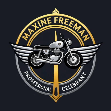 Circular logo with with Maxine Freeman written across the top and Professional Celebrant across the bottom. A motorbike in the centre with wings either side of it and a compass needle running from top to bottom through the circle.